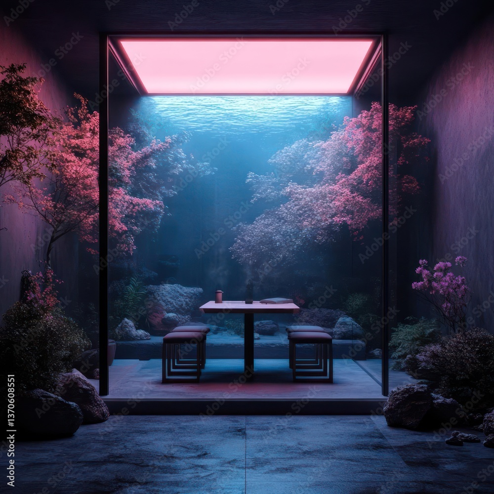 Poster Enclosed garden scene featuring a table and stools framed by a glass structure under pink and blue illumination with cherry blossom trees