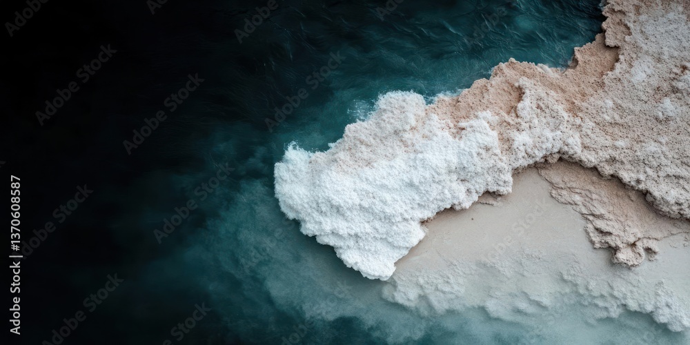 Poster aerial view of a textured mineral formation beside dark blue water creating a natural landscape with