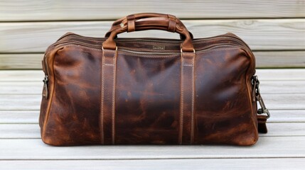 A well-crafted, vintage leather bag rests elegantly on a textured wooden surface.
