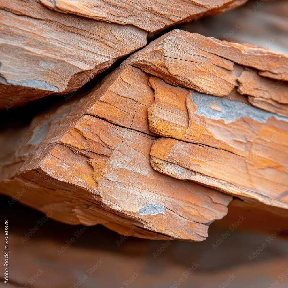 Aufkleber close up of textured reddish brown stone layers with detailed cracks and edges showing natural geolo
