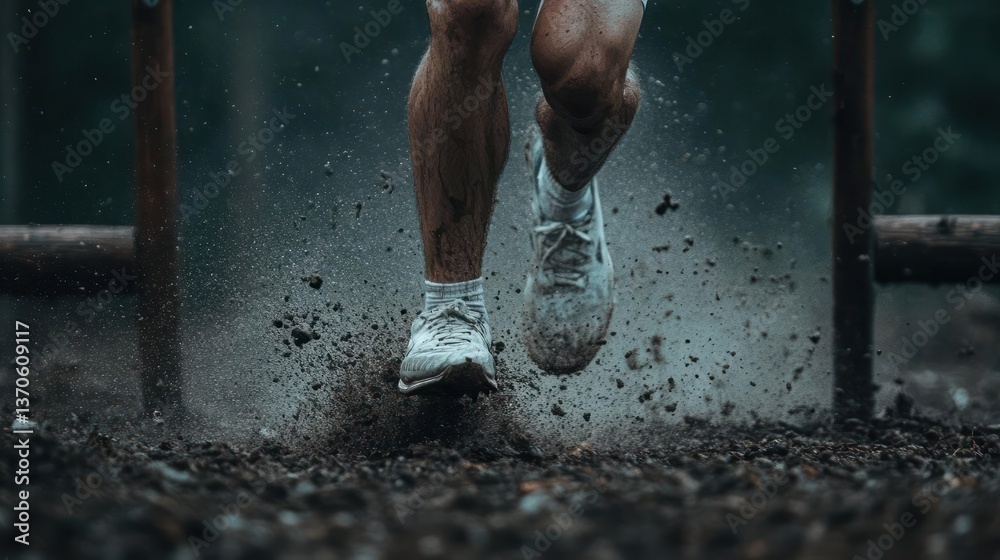Poster Close up of legs and feet running with dirt and mud splashing from the trail wearing white sneakers. Focus is on action and movement with motion blur