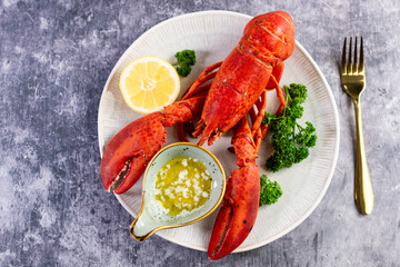 Close up of fresh steamed lobster with herbs