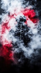 Soldier stands amidst swirling red and white smoke, clad in tactical gear, rifle at the ready