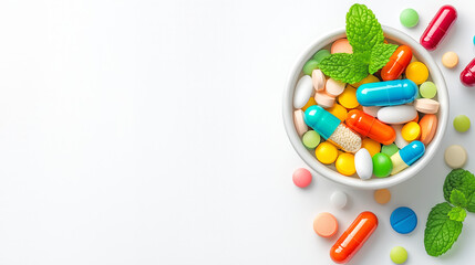 A bowl holds an assortment of colorful capsules and tablets alongside fresh mint leaves. The vibrant display is set against a clean white background, emphasizing the variety of shapes and colors