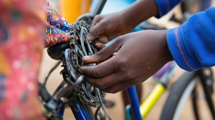 A person is repairing a bicycle chain with great care