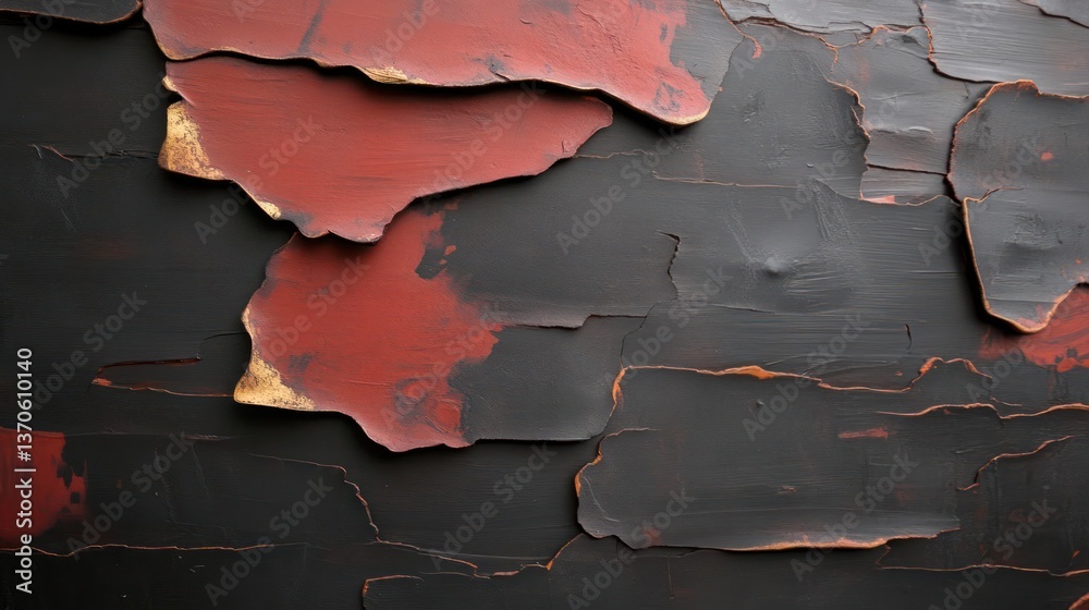 Poster close up of peeling paint on a wooden surface showing layers of red and black paint. the texture rev