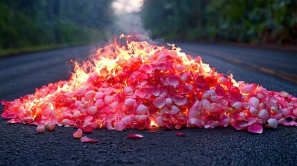 Captivating Contrast A Pile of Vibrant Pink Rose Petals Ablaze on a Stark Asphalt Road, Evoking Themes of Beauty, Destruction, and Ephemeral Nature Explore the Juxtaposition of Delicate Floral