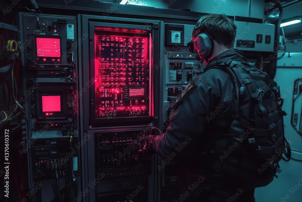 Poster a person in tactical gear operates a glowing red electronic control panel in a dimly lit room illumi