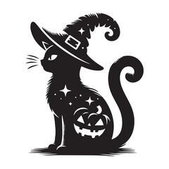 Halloween black cat silhouette wearing witch hat vector graphic illustration