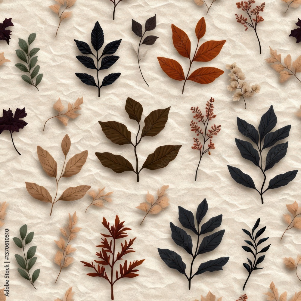 Poster seamless pattern with various leaves in fall colors scattered over a textured cream background