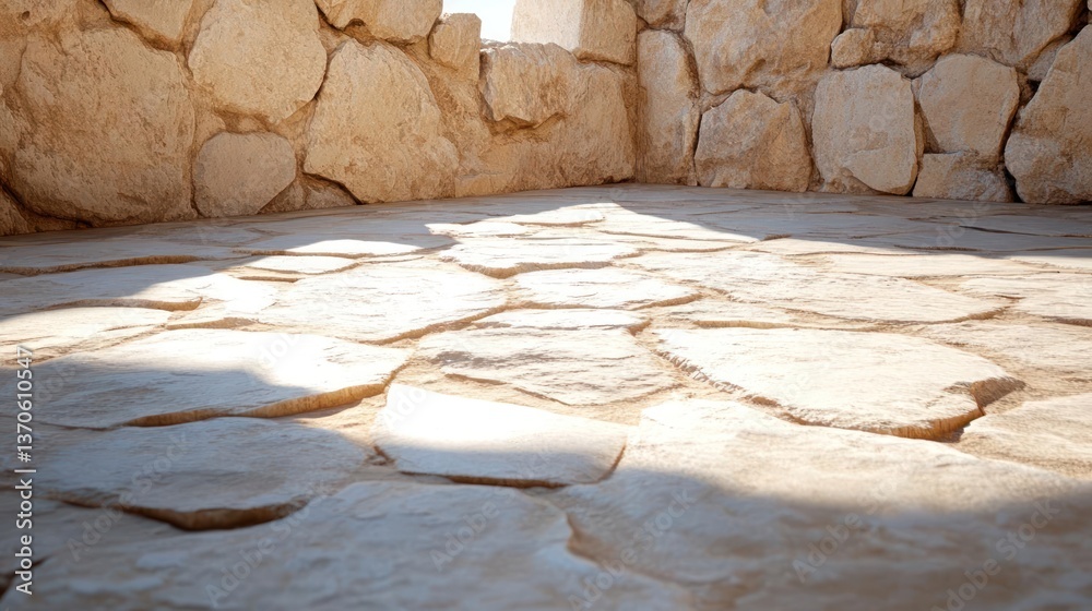 Fototapete Rough stone textured floor and walls lit by natural light creating shadows and patterns. Detailed close up of interior architecture with warm color tone