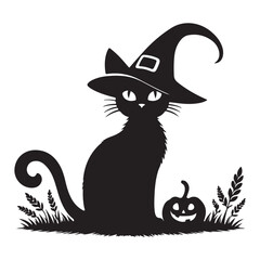 Black Cat Silhouette with Witch Hat and Pumpkin Halloween Art