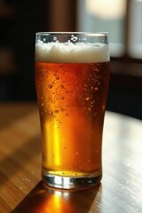 Crystal clear tumbler, freshly poured ale, bright setting, liquid, drink