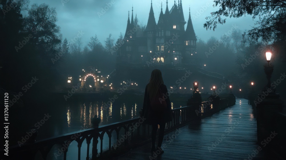 Poster a lone figure walks towards a gothic castle on a foggy night. dim streetlights illuminate a path alo