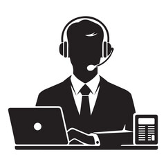 Customer service operator silhouette man using headset and laptop