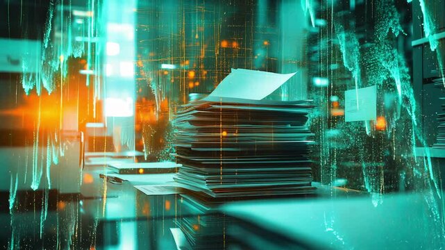 A busy office with document piles on the desk and glowing data graphics above, blending physical and digital work
