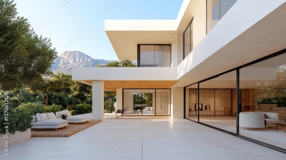 Poster exterior view of a modern white house with large windows and a patio area. the house is surrounded b