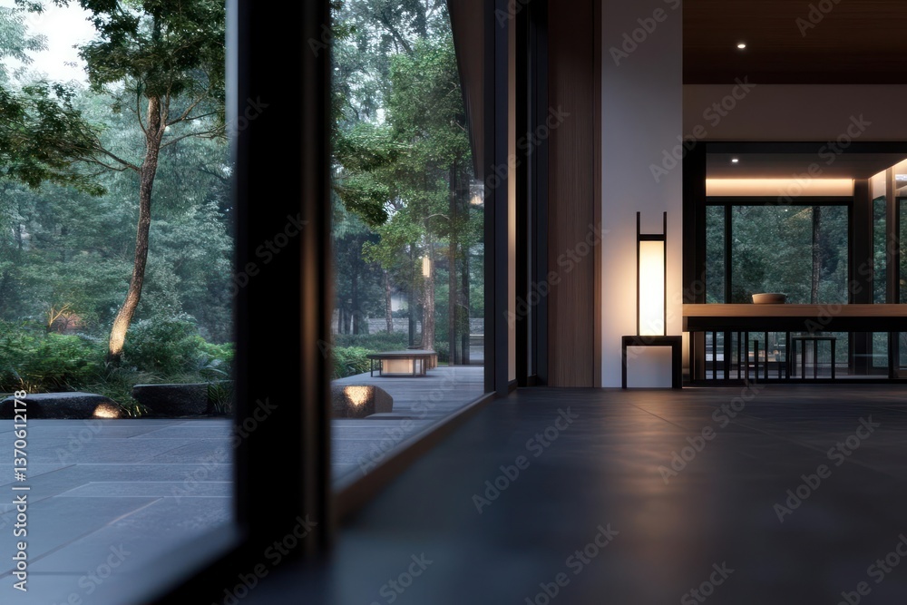 Poster interior view with large window looking into a lush green garden with trees and a stone pathway and 