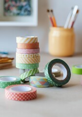 Colorful washi tape rolls stacked creatively on a wooden surface
