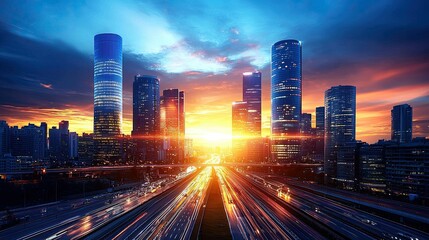 Fototapeta premium Sunset Metropolis: City Skyline at Dusk with Highway
