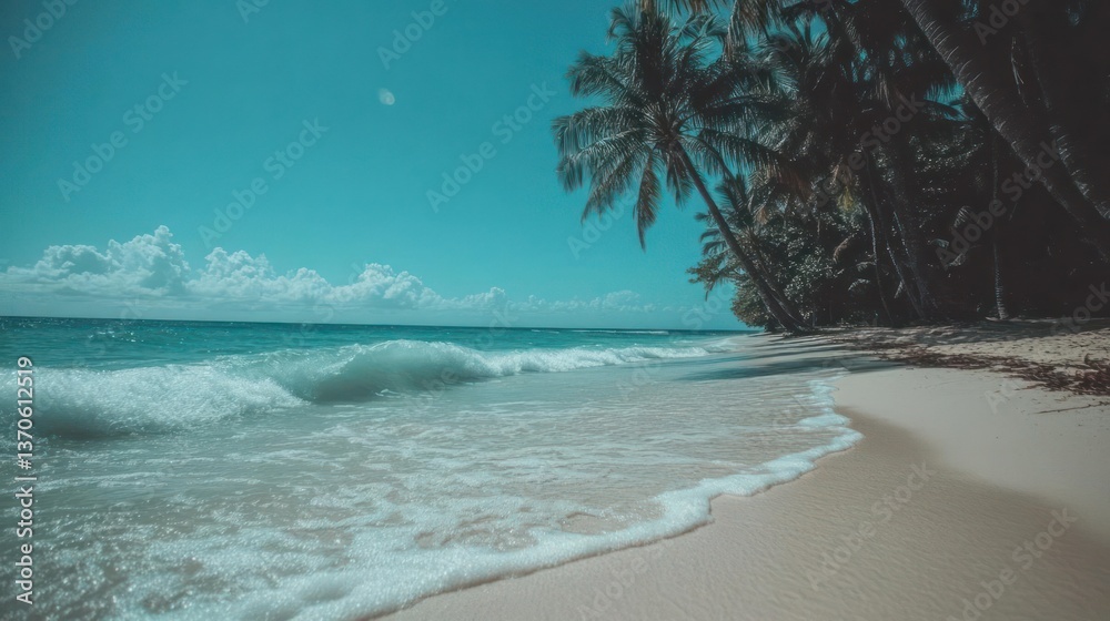 Aufkleber serene tropical beach scene with turquoise ocean waves and palm trees along the sandy shore under a 