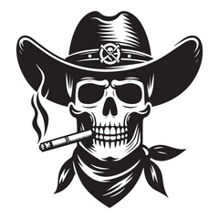 Cowboy skull smoking cigar vector silhouette for wild west designs
