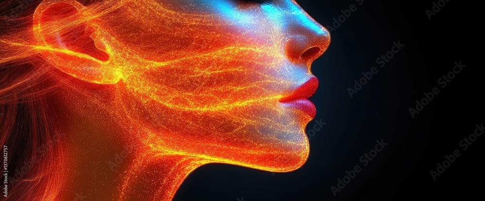 Sticker profile view of a face with warm, abstract, fiery patterns across the skin and against a dark backdr