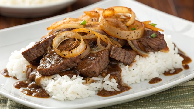 Savory bistec and onion served over fluffy rice creating a delightful culinary experience in a cozy dining setting