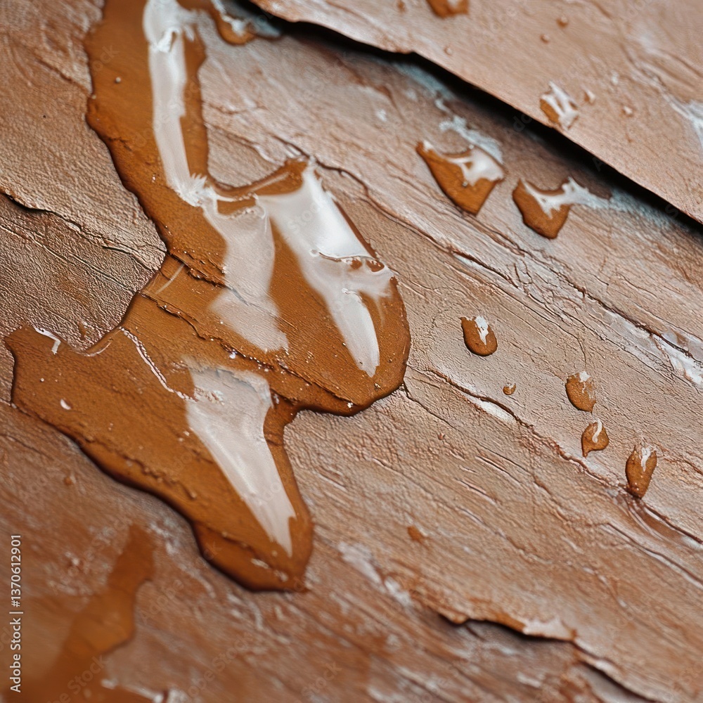 Poster Close up of wet wooden surface with water droplets showing texture and abstract patterns, suitable for background or texture use