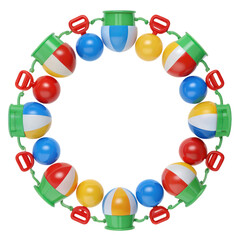 Colorful beach toys arranged in circular pattern create festive atmosphere perfect for celebrating Christmas in July