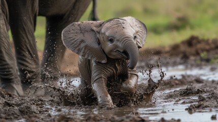 Fototapeta premium Adorable baby elephant joyfully splashing in a muddy puddle, capturing playful innocence