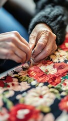 Elderly hands carefully sewing fabric with floral patterns displayed