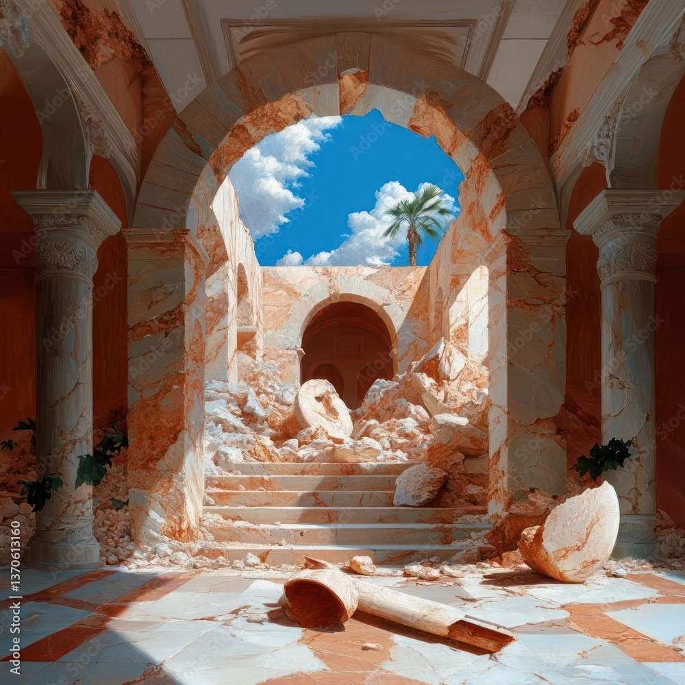 Aufkleber architectural ruin with arched stone doorways stairs and columns revealing a bright sky with clouds 