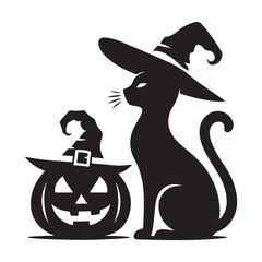 Halloween Cat Silhouette Vector with Witch Hat and Pumpkin Design
