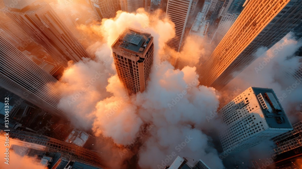 Poster aerial view of city buildings surrounded by clouds with warm golden orange lighting, urban scene wit