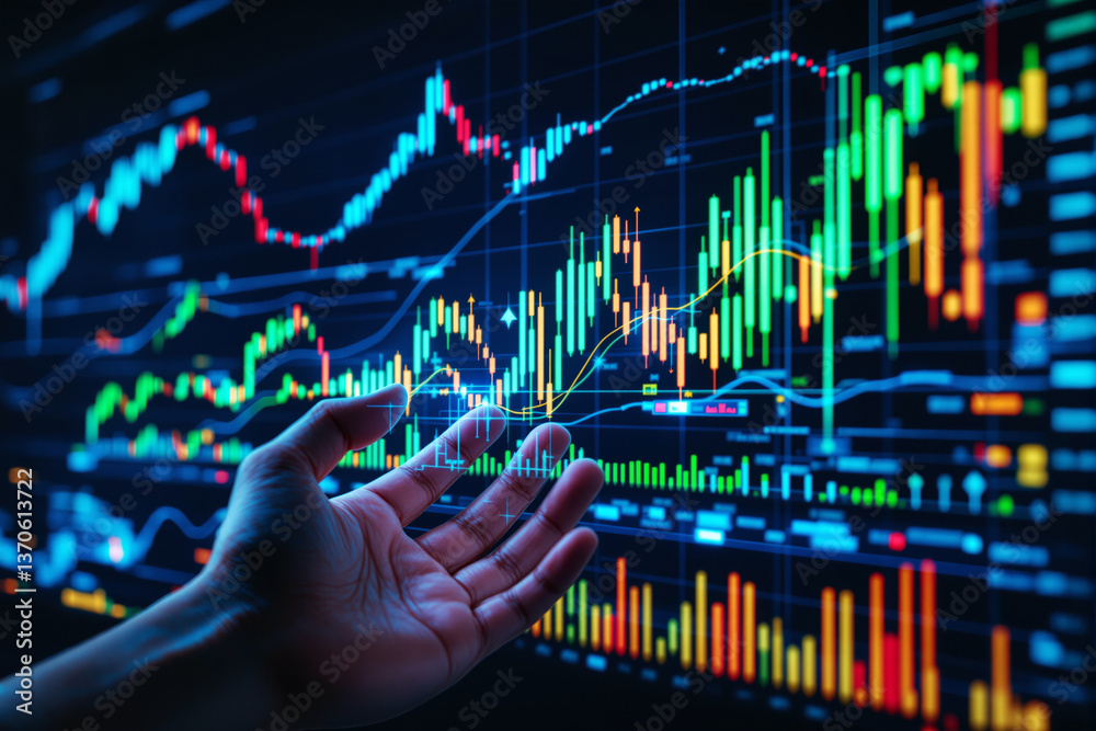 Poster hand reaching towards financial stock market data with glowing graphs and charts.