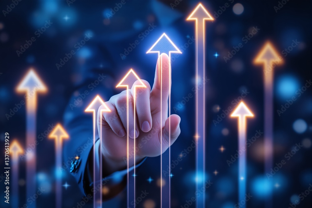 Poster hand pointing at glowing upward arrows on digital background.