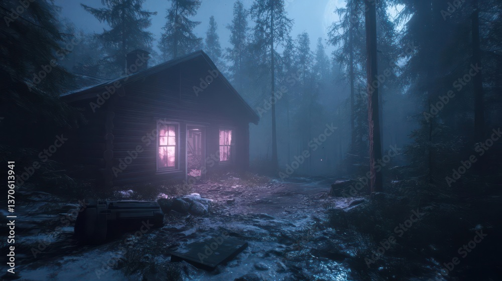 Leinwandbilder wooden cabin nestled within a snow covered forest scene with a tranquil night time atmospheric glow 