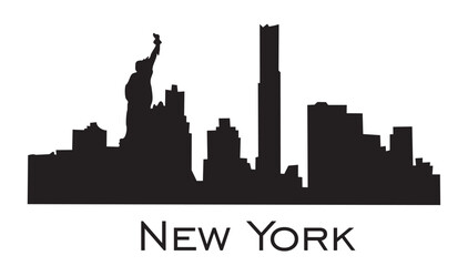 A silhouette of New York City skyline. The city is shown in black and white vector flat illustration isolated on transparent background