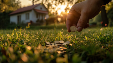 Fototapeta premium 3D vector real estate and coin hand holding on background. 3d money saving to loan house, property concept of financial, money saving investment. 3d stack of coins and a tiny house bank on background