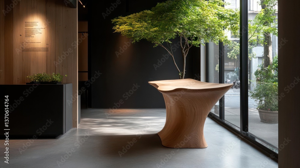 Aufkleber interior lobby with concrete walls a uniquely designed natural material table and a tree illuminated