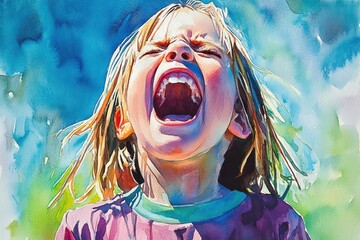 Childs Joyful Scream with Watercolor Painting, and Sunny Day.