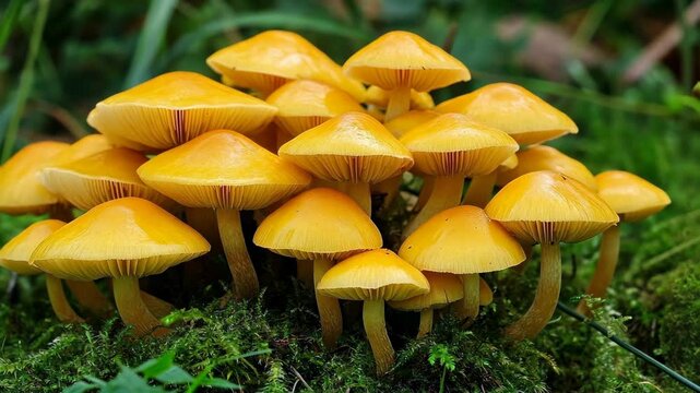 Vibrant cluster of yellow mushrooms growing amidst green moss in a tranquil forest setting during daytime