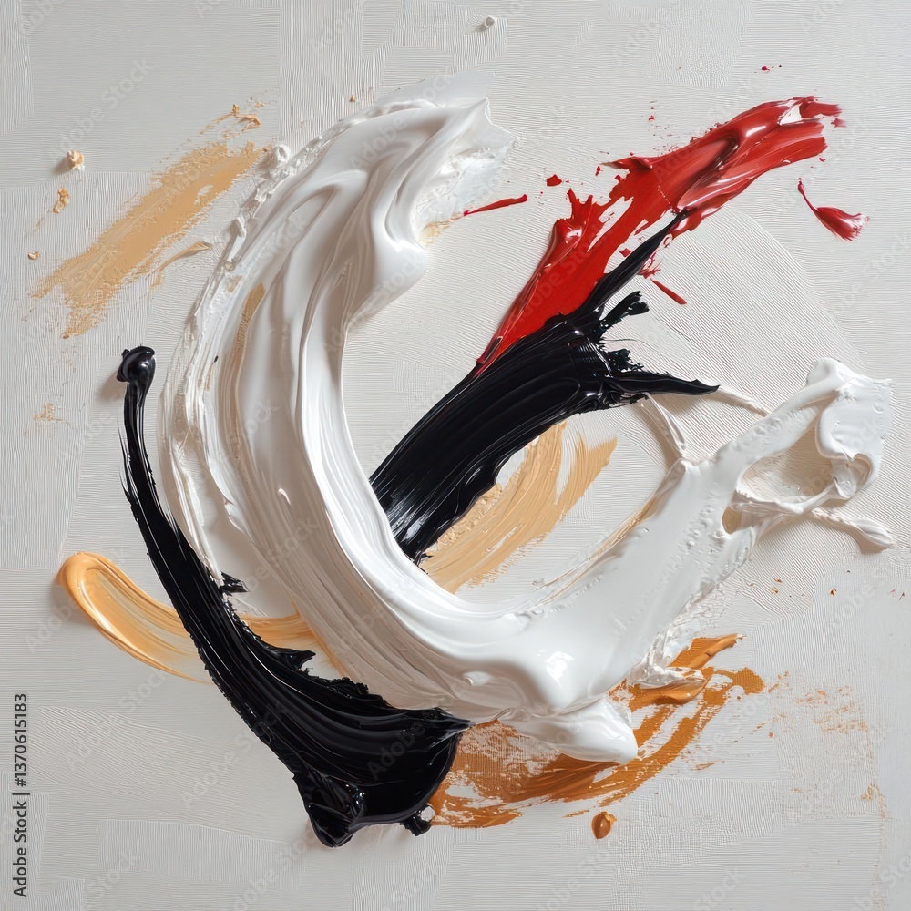 Poster Abstract artwork featuring bold brushstrokes of white black red and beige against a textured white background emphasizing artistic expression and visual dynamics