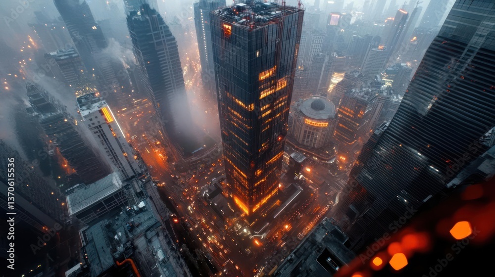 Aufkleber high angle view of a futuristic cityscape with a central tower glowing with warm light surrounded by