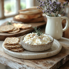 A delicious bowl of cottage cheese with honey, oat cakes, and fresh lavender creates a rustic, inviting breakfast scene.