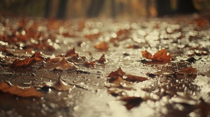 Fallen autumn leaves on a wet ground surface with light reflections