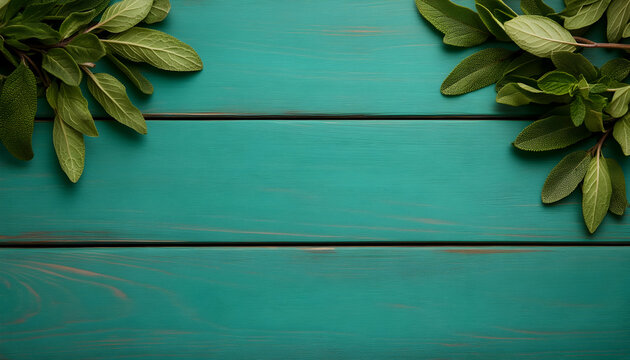 Teal wood background with fresh green herbs