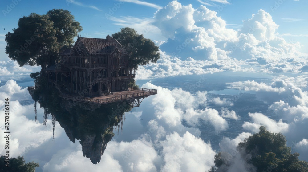 Aufkleber floating island village with rustic buildings surrounded by fluffy clouds and visible landscape belo