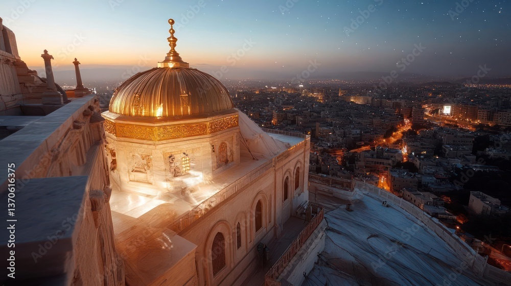 Poster Aerial view of an illuminated golden dome and building with intricate architectural details set against a cityscape at dusk with stars and soft lighting. The architecture is striking